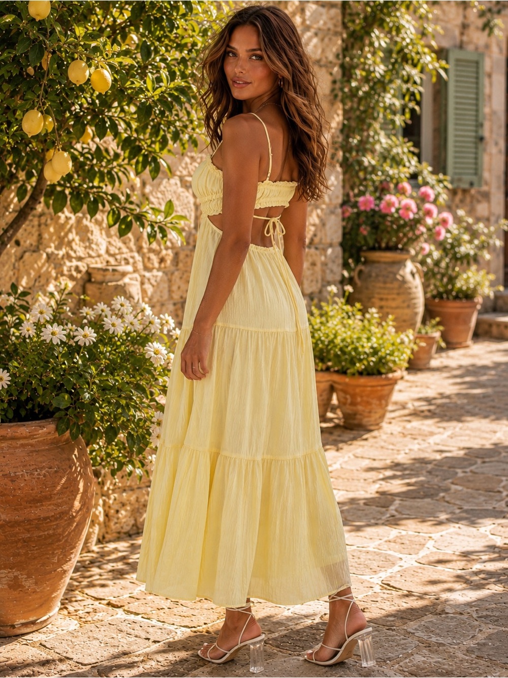Yellow Ruched Tie Up Maxi Dress - Picture 2 of 8